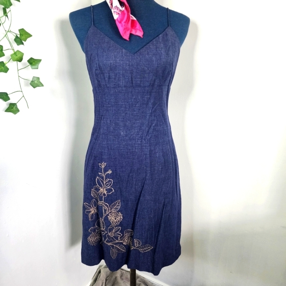 Vintage Depeche Mode Blue Linen Blend Slip Dress Embroidered Flowers